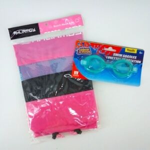 NWT Summer Bundle Beach Pool Pink Mesh Bag Swim Goggles Youth 6+ UV Protection